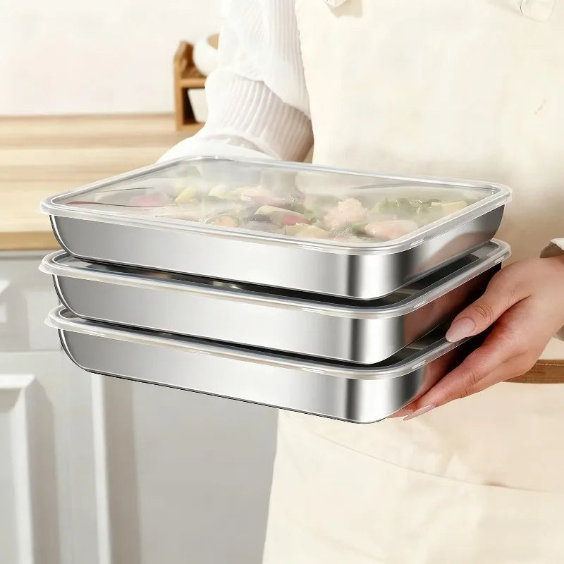 Stainless Steel Fresh-keeping Box Fruit Plate Vegetable Preparation Plate Refrigerator Storage Outdoor Bento Picnic with Lid Oasis Select