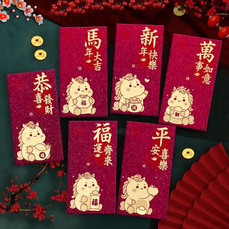 6Pcs Paper 2026 Horse Year Red Envelope Mini Cartoon Lucky Money Bag Traditional Blessing Red Pocket Marriage Celebration Oasis Select B11