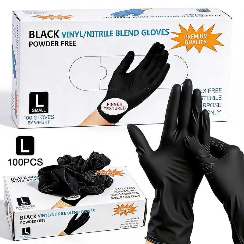 100PCS Disposable Nitrile Gloves Food Contact Thick Durable Suitable Strong Elasticity Gloves For Kitchen Garden Tattoo Beauty Oasis Select L Black