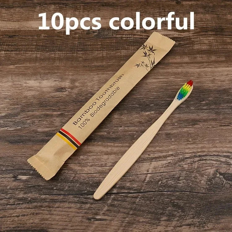 10Pcs Eco friendly toothbrush Bamboo Resuable Toothbrushes Portable Adult Wooden Soft Tooth Brush for Home Travel Hotel use Oasis Select 10pcs colorful