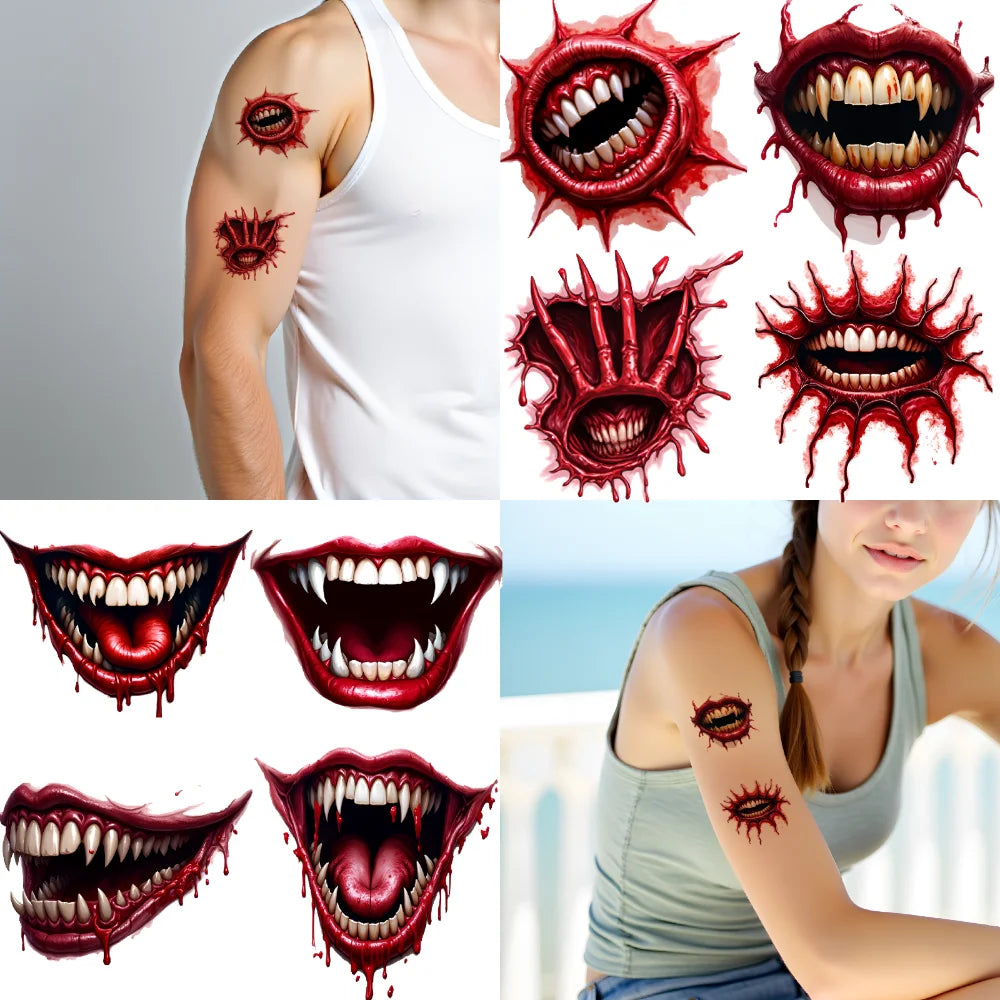 9-Pack Halloween Temporary Tattoo Stickers – Fanged Mouth & Lips