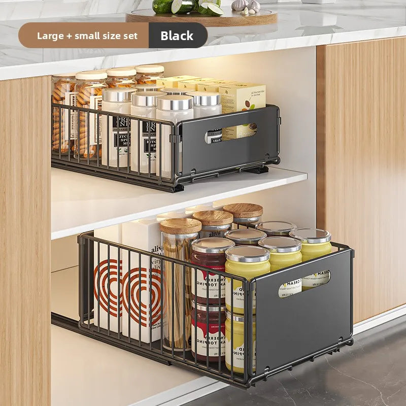 Built-in pull basket in cabinet, multi-functional pull-out snack storage rack, household kitchen sink lower shelf, no punching Oasis Select Black 2PCS