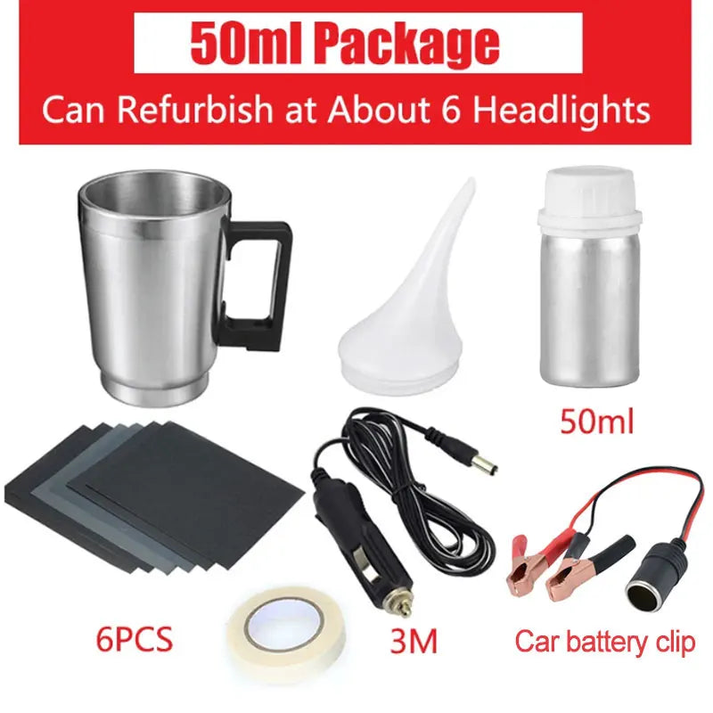 Car headlight repair tool Polishing Renovation Kit Repair Fluid Liquid Polymer Restoration Headlamp With Car battery clip Set Oasis Select 50ml 12V kit
