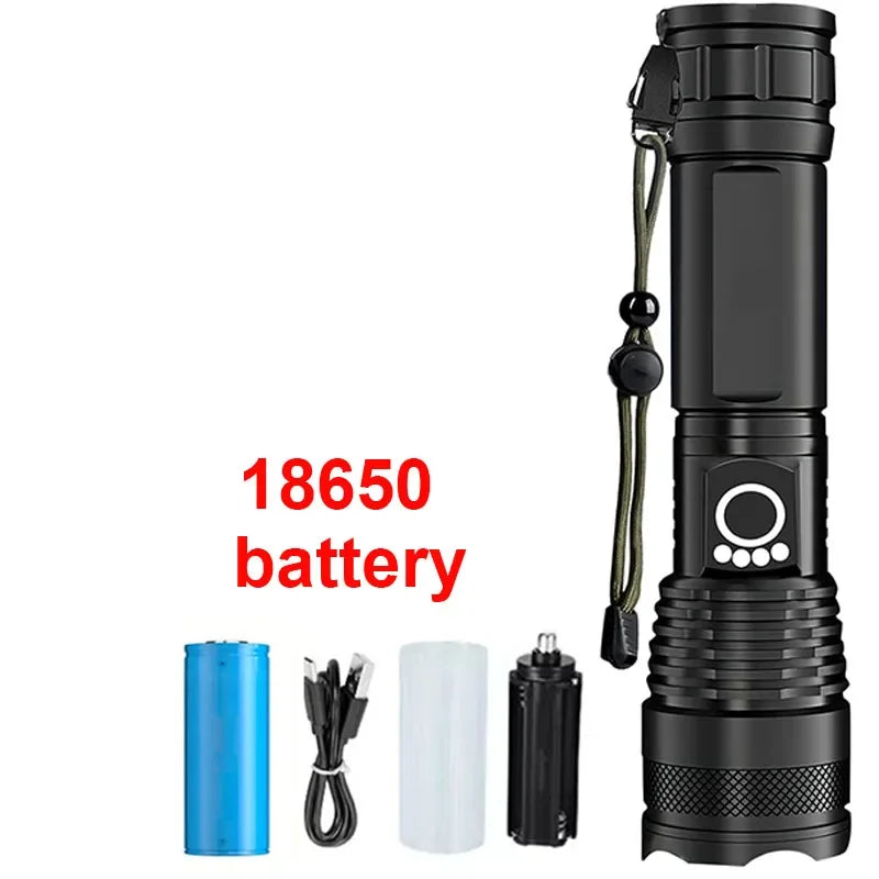 P50 High Power LED Tactical Flashlight Rechargeable Torch Aluminum Alloy Telescopic Zoom Torch Lamp for Outdoor Camping Fishing Oasis Select 18650 battery