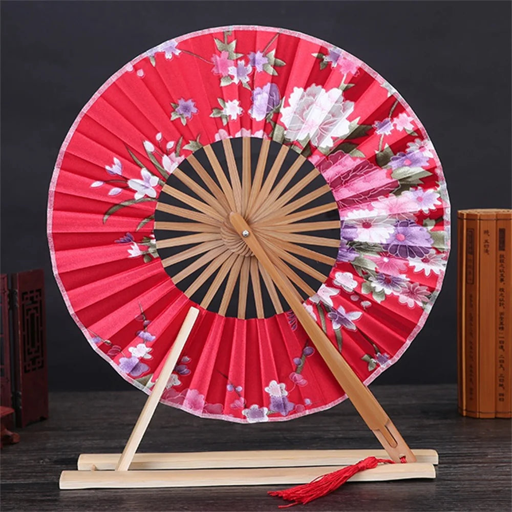 New Japanese Sakura Flower Pocket Folding Hand Fan Round Circle Party Decor Gift Bamboo Windmill Folding Fan Chinese Fans Oasis Select Red