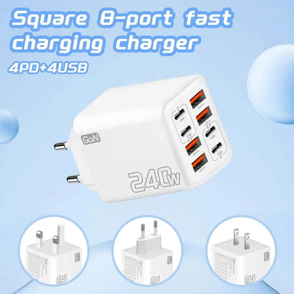 240W 8-Port GaN USB-C PD Wall Charger – Travel Adapter US EU UK