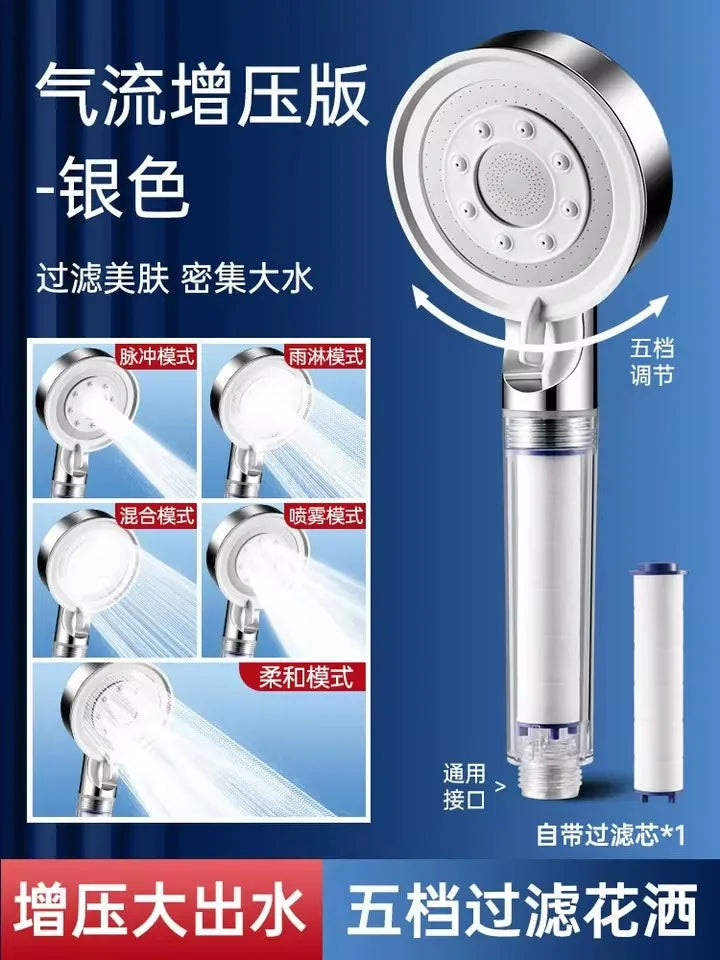 New High Pressure Shower Head Set 5 Jet Modes Adjustable Shower Head with Filter Large Water Flow Spray Bathroom Accessories Oasis Select Sliver