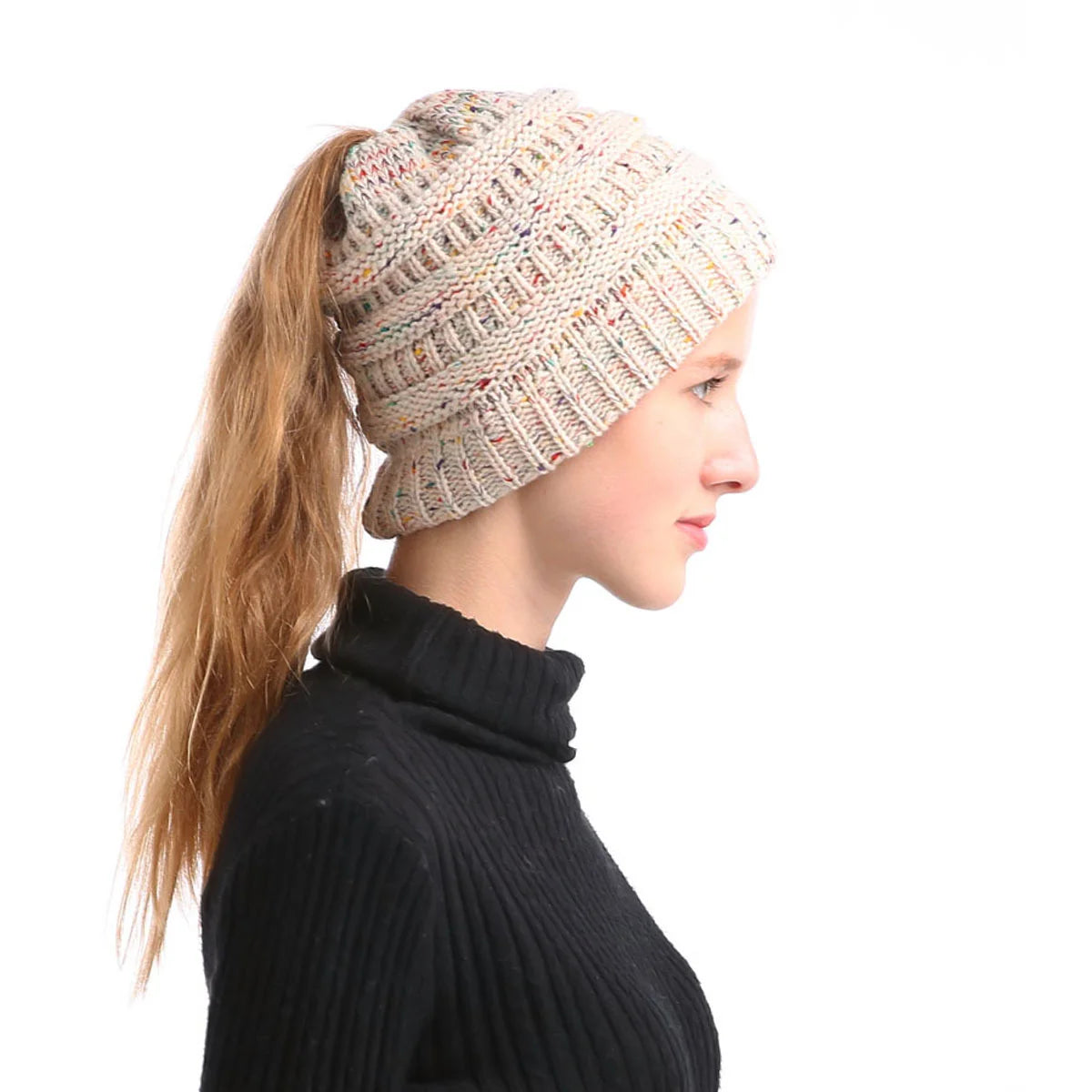 Mixed color hollow top hat with large brim, knitted ponytail, parent-child hat, yarn and yarn versatile Oasis Select 7