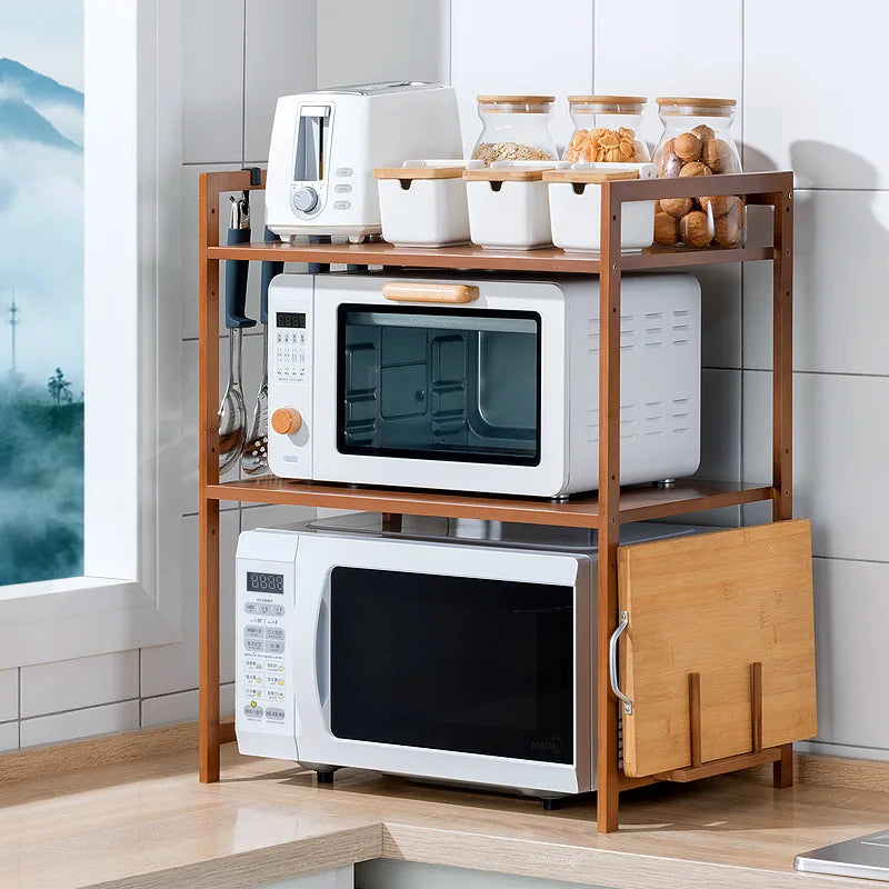 Kitchen Shelf Countertop Double Microwave Shelf Desktop Seasoning Oven Storage Rack Bamboo Solid Wood Oasis Select