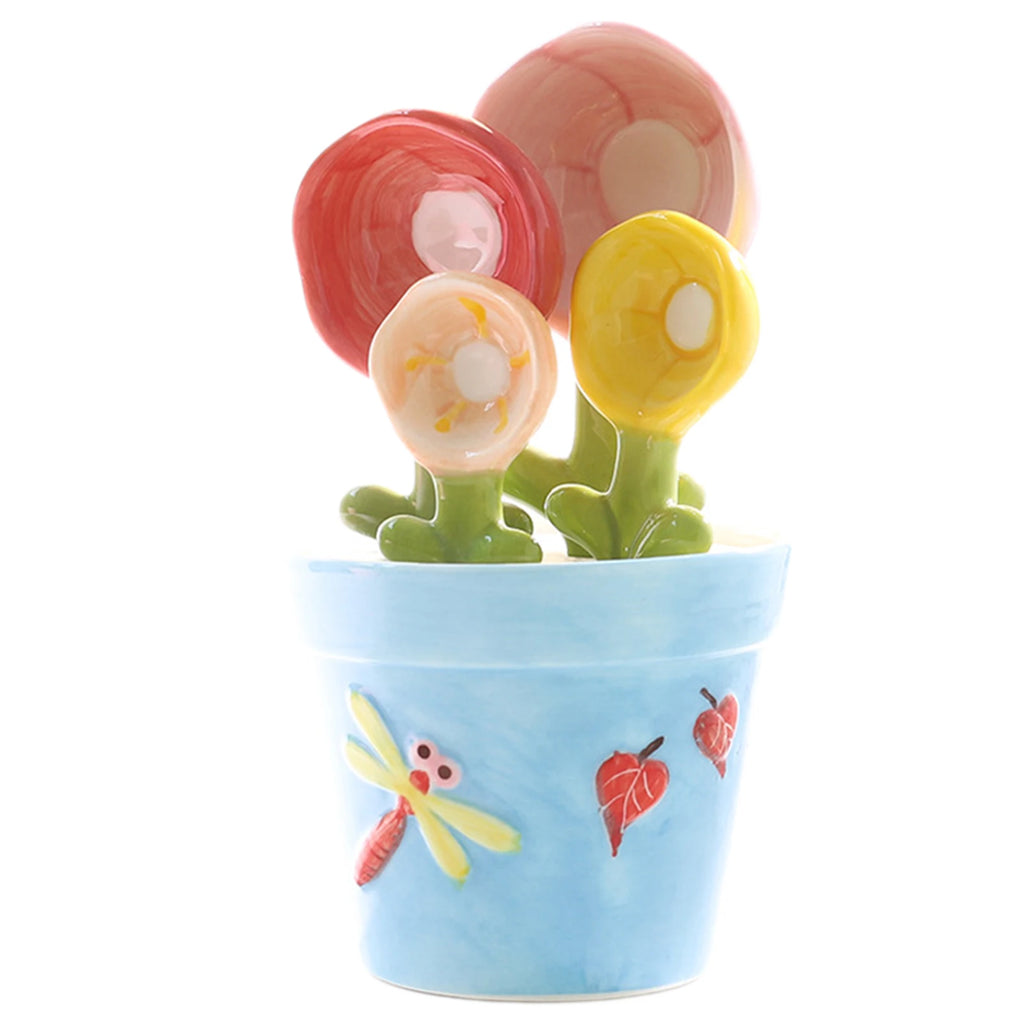Ceramic Flower Measuring Spoons Set with Holder | Kitchen Decor
