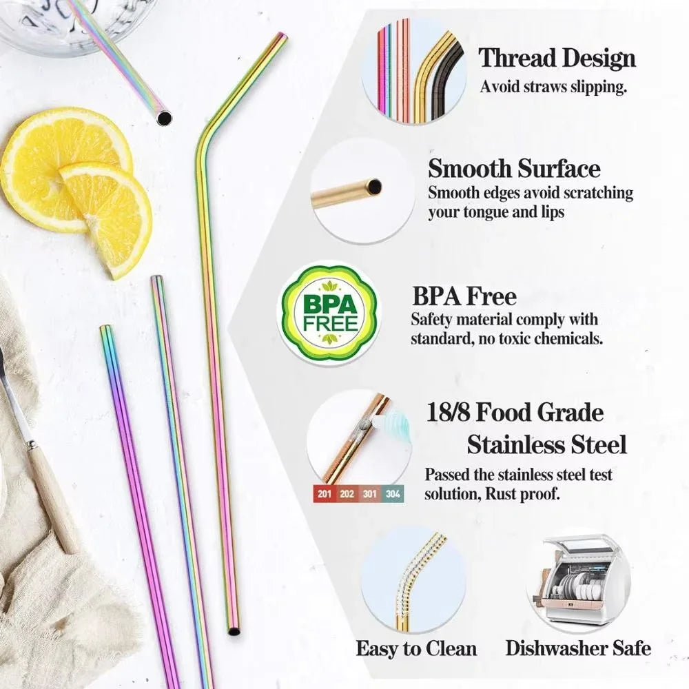 Reusable Drinking Straw 304 Stainless Steel Straws Straight Bent Metal Straw with Cleaner Brush Pouch Wholesale Oasis Select