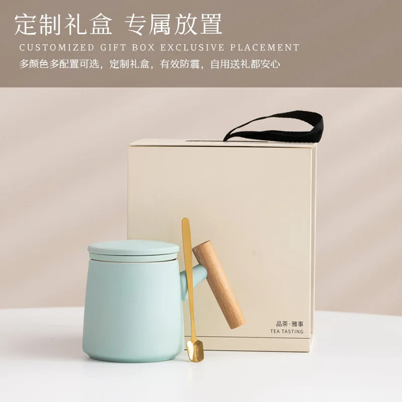 Office Wooden Handle Mug Japanese-style Ceramic Office Tea Cup Frosted Water Cup Three-piece Set with Lid Filter Mug Coffee Mug Oasis Select
