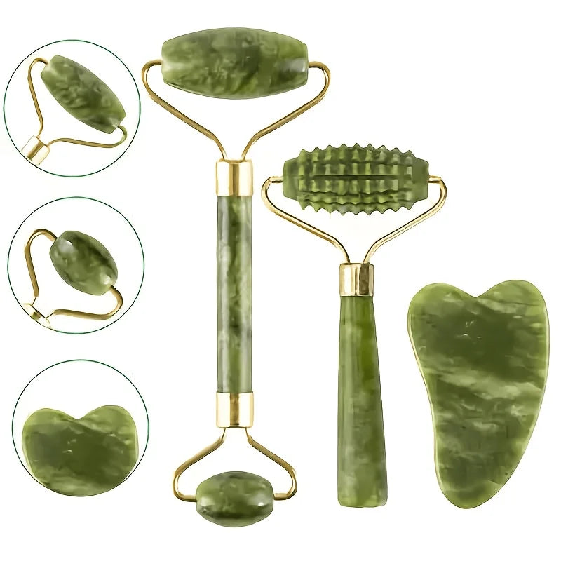 A Set of Jade Massage Tools with Double Headed Rollers To Promote The Absorption of Skincare Products and Unblock Meridians Oasis Select
