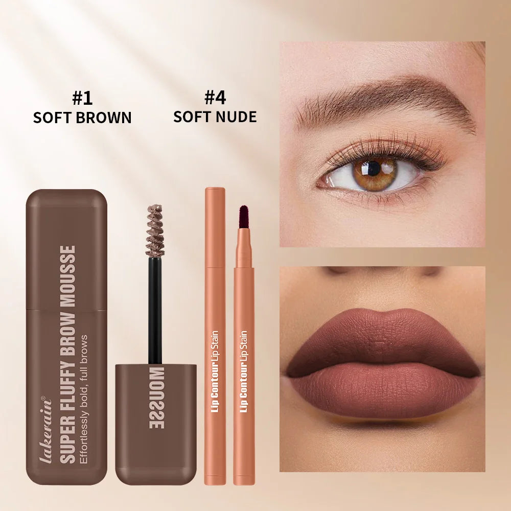 2pcs/set Matte Lip Liner And Waterproof Eyebrow Mousse Tint Long Lasting Eyebrow Dye Cosmetics Professional Outline Lips Contour Oasis Select SET 1
