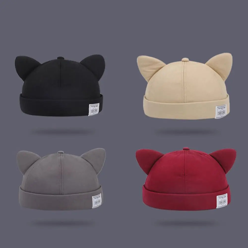 Casual Cotton Cat Ears Landlord Hat Solid Color Brimless Beanie Hat Adjustable Hip Hop Melon Skin Hat Spring Summer Oasis Select