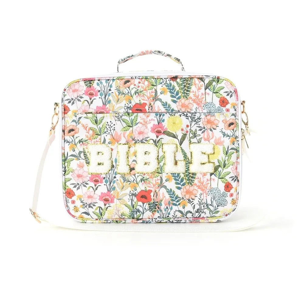 Portable Bible Cover Case Dustproof Large-capacity Bible Carrying Bags with Shoulder Strap Multilayer Book Storage Bag Women Oasis Select White flowers