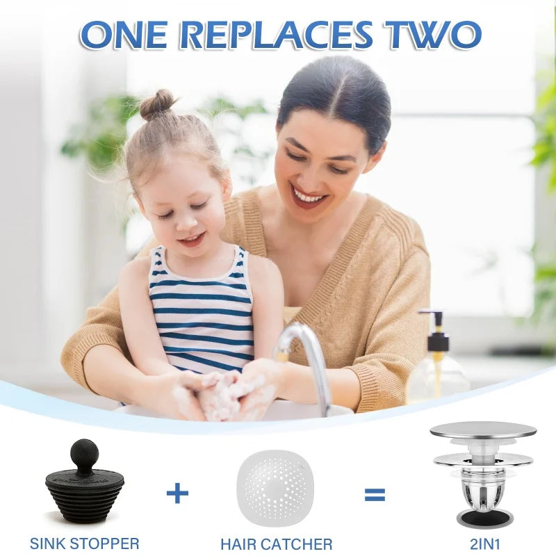 Universal Pop-Up Bathroom Sink Stopper Odor-Resistant Press-To-Close Drain Plug Hair Catcher Strainer for Washbasin Accessories Oasis Select