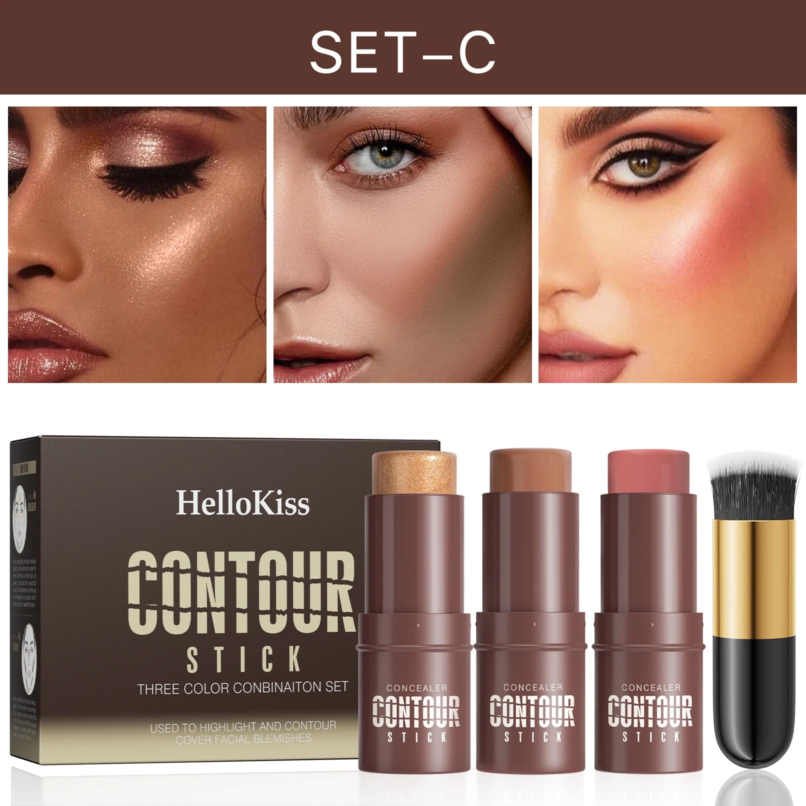 Hello Kiss 4-Piece Contour Stick Set – Highlighter, Blush & Bronzer