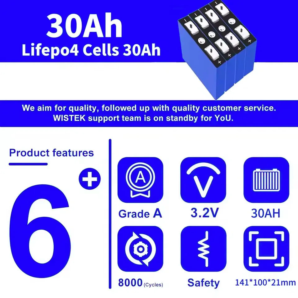 Grade A 3.2V 30Ah LiFePO4 Battery 8000 Cycles Lithium Iron Phosphate for 12v 24v 48V 60v Travel Solar Campers Golf Cart Yacht Oasis Select