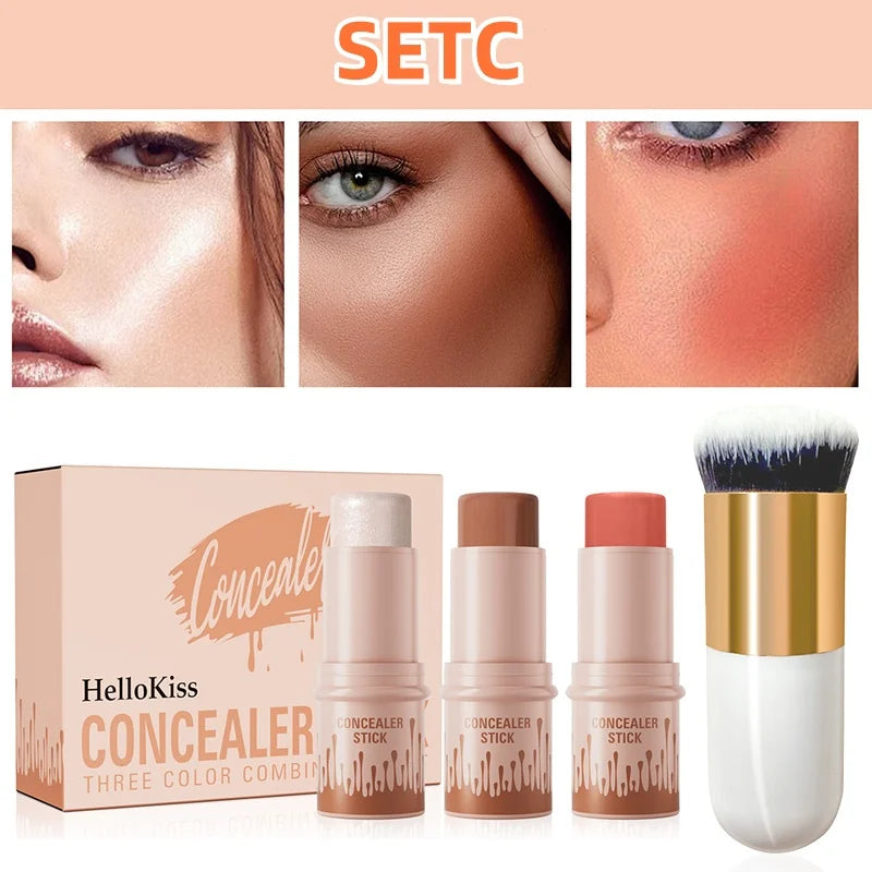 Hello Kiss 4-Piece Contour Highlight Blush Stick Set & Brush