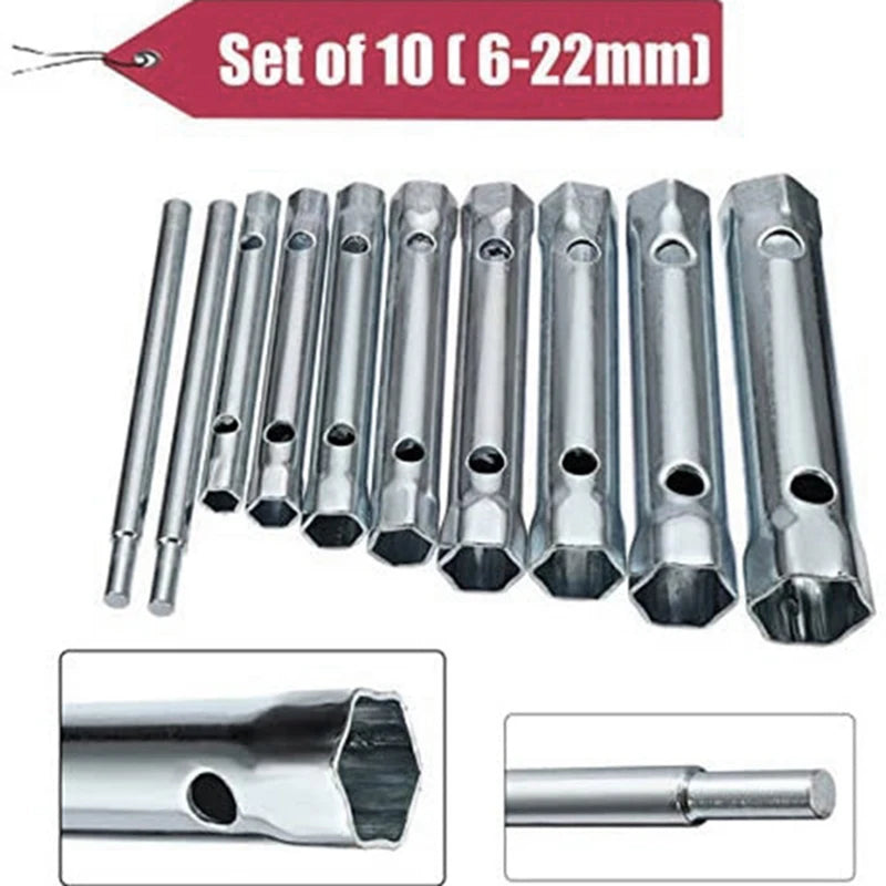 6-22mm 10Pcs Metric Tubular Box Wrench Set Tube Bar Spark-Plug Spanner Steel Double Ended for Automotive Plumb Repair Hand Tools Oasis Select