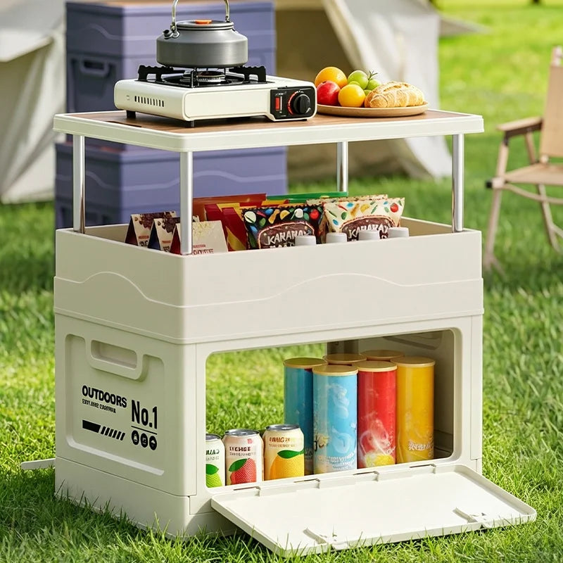 Large-capacity wooden cover foldable storage box for outdoor camping storage box table integrated vehicle camping trunk Oasis Select