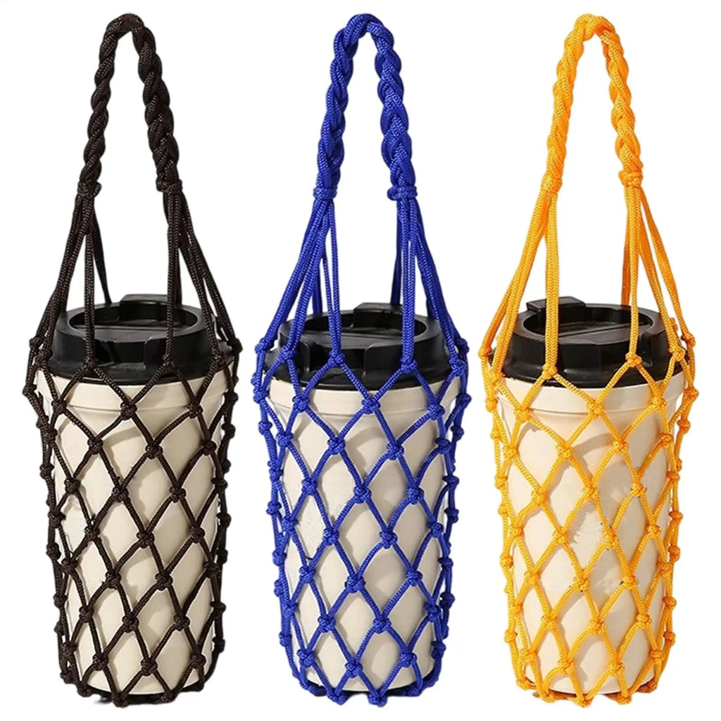 Water Bottle Bag Hand Woven Mesh Bag Reusable Hollow Out Water Cup Bag Handheld Kettle Bag for Camping Hiking Picnic Travel Oasis Select