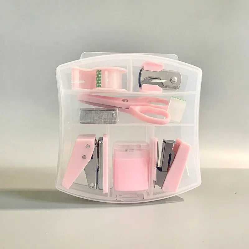 8PCS portable office school mini stationery gift box, including puncher, stapler, small tape, pencil case, scissors, 500 staples Oasis Select Pink