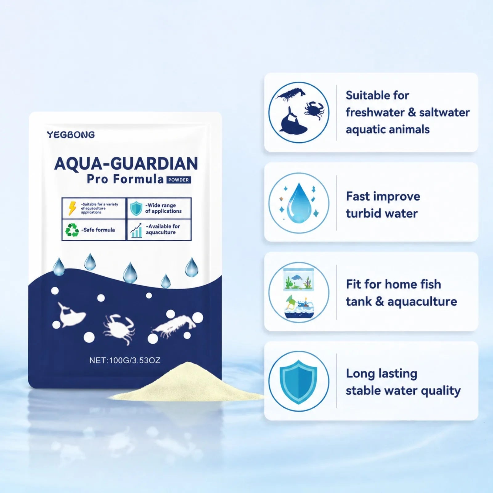 Aqua-Guardian Water Clarifier Powder 100g Fast Clear Cloudy Water For Freshwater Saltwater Fish Shrimp Crab Aquarium Aquaculture Oasis Select