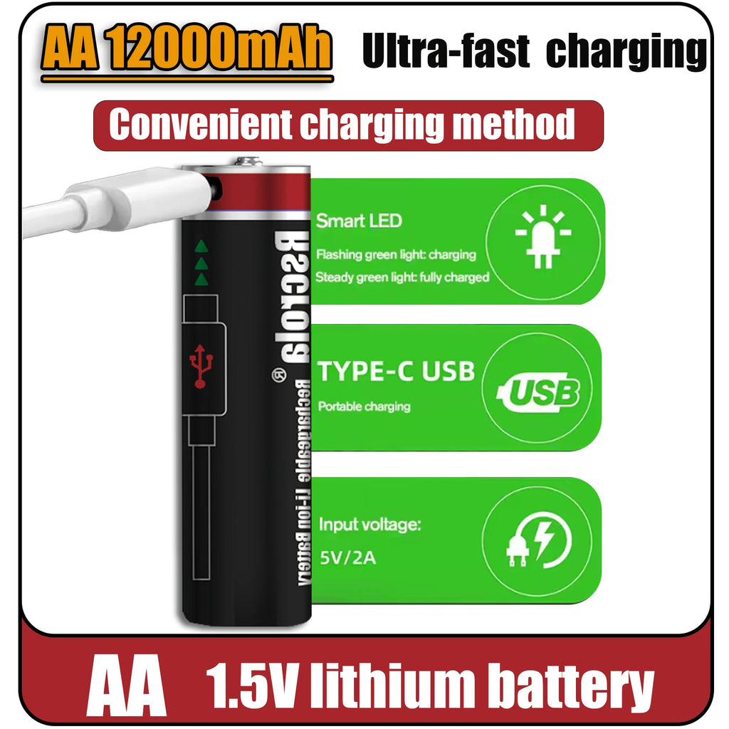 New AA 12000mAh+AAA 6800mAh Rechargeable Batteries Lithium-ion 1.5V AA Rechargeable Batteries 1.5V AAA Battery with USB-C Cables Oasis Select
