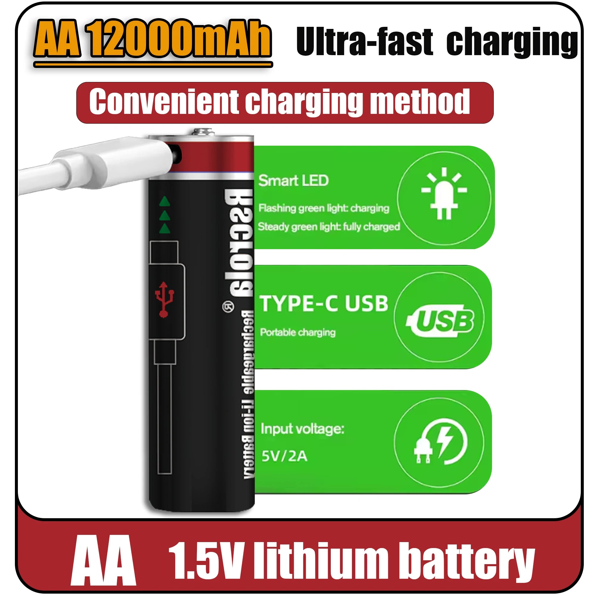 Hot 1.5V 12000mAh USB Type-C Rechargeable Lithium AA Battery for Hunting Camera Remote Control Mouse Smart Door Lock Microphone Oasis Select