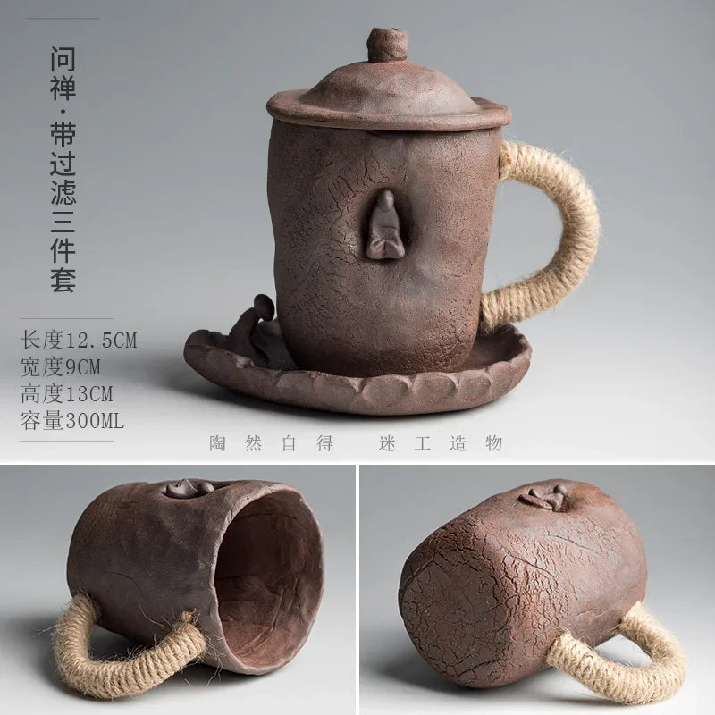 Handmade thick ceramic mug with lid spoon creative tie rope ceramic large capacity Japanese coffee cup cups Oasis Select 6 301-400ml