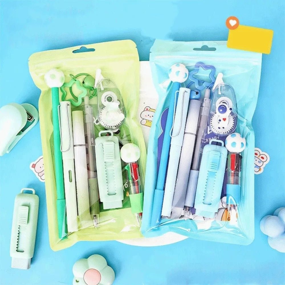 Cartoon School Stationery Set 6 Color Pens Stick Note Cartoon Stationery Set Book Ballpoint Pen Student Tools Gift Kit Oasis Select