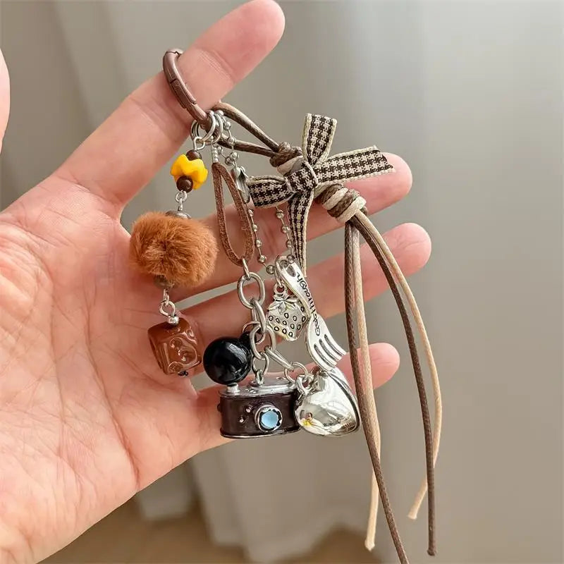 Braided Rope Bow Bead Fluffy Ball Keychain Charm | Girls Gift Keychain Charm Oasis Select