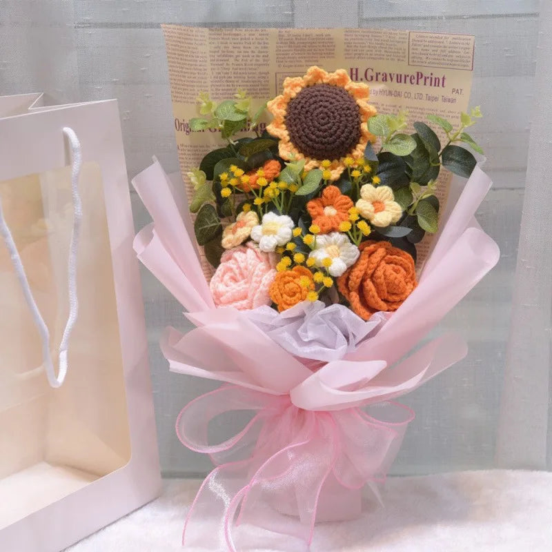 Artificial Flower Crochet Bouquet Handmade Anniversary Sunflower Daisy Bouquet Mothers Day Birthday Gift Eternal Flower Oasis Select