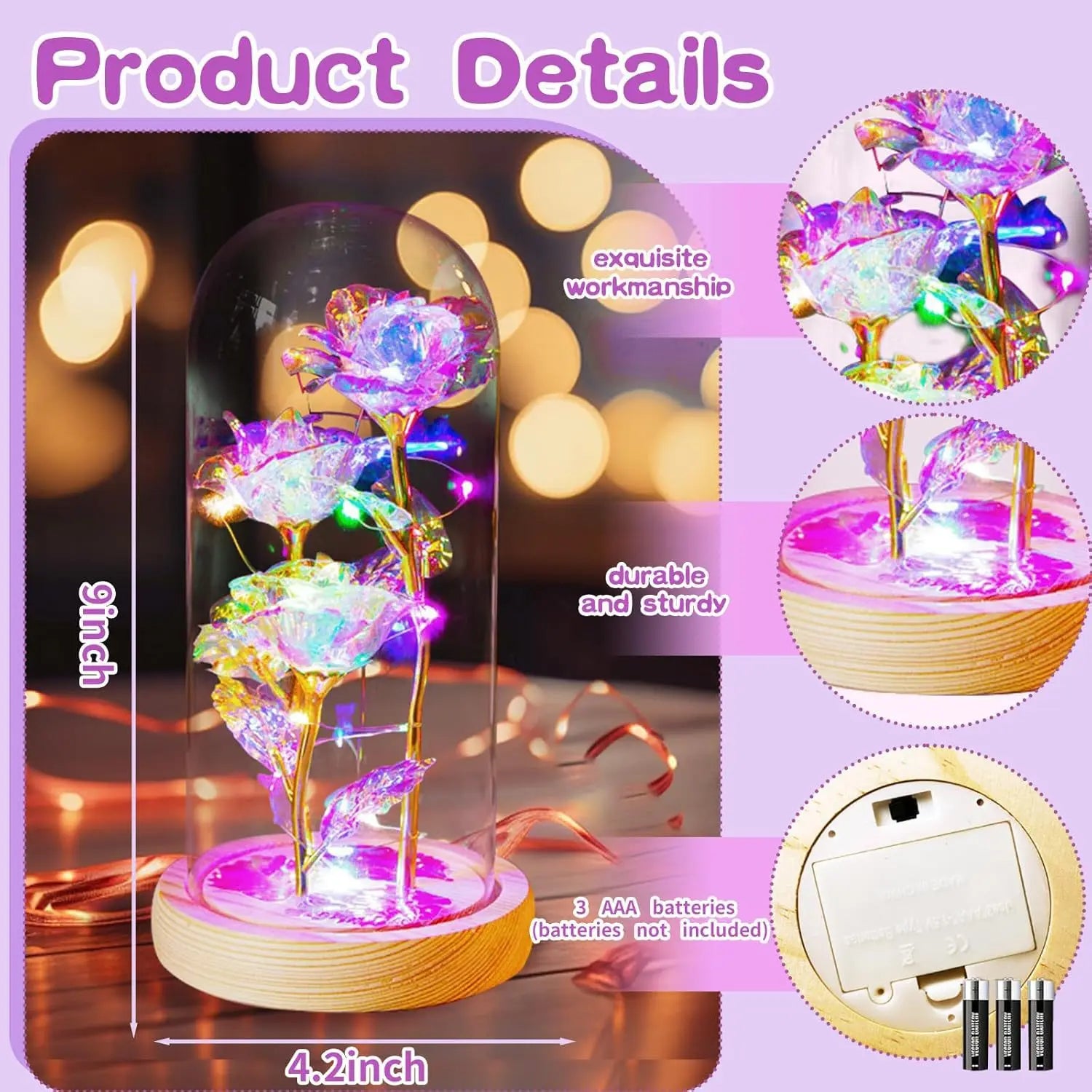 Acrylic Cover Rose Lamp Everlasting Foil Flower Gift Led Light Rose Bouquet Sturdy Eternal Rose Led Light For Valentine'S Day Oasis Select