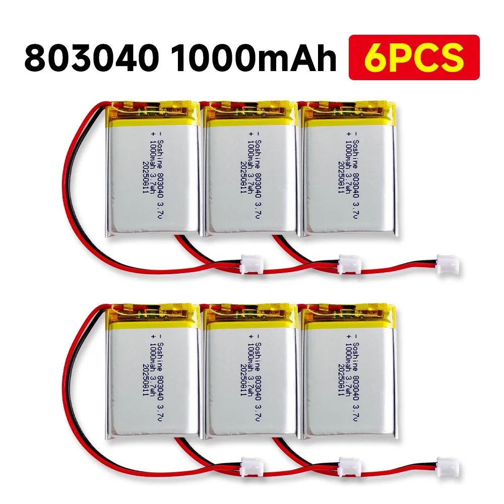 3.7V 803040 1000mAh LIPO Batteries 803040 Lithium Li-Ion Polymer Battery for Remote Control iPod Bluetooth Speaker GPS Oasis Select 803040 battery 6pc