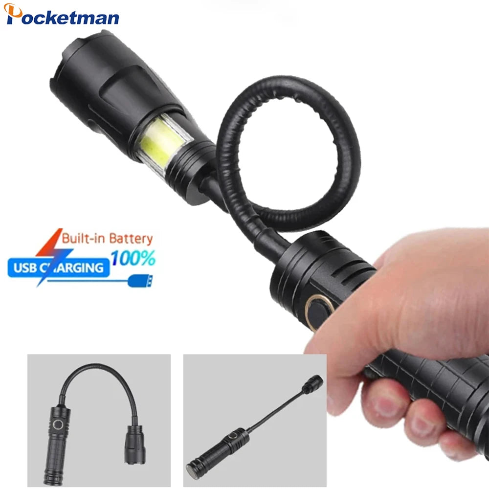USB Rechargeable XHP50 LED Flashlight Flexible Pickup Tool Lamp with Magnet Zoomable Torch Multifunctional Foldable Flashlight Oasis Select