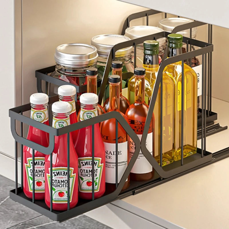 Household Kitchen Pot Storage Box Cabinet Pull Basket Seasoning Storage Drawer Organize Basket Pull Down Sink Shelf Oasis Select