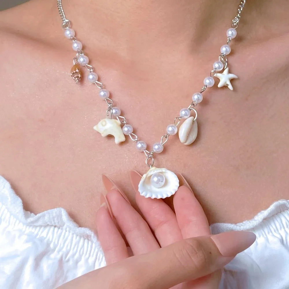 Seaside Style Sea Star Shell Beads Necklace Womens Summer Beach Vacation Neck Chain Bohemian Jewelry Accessories Gift Oasis Select 9