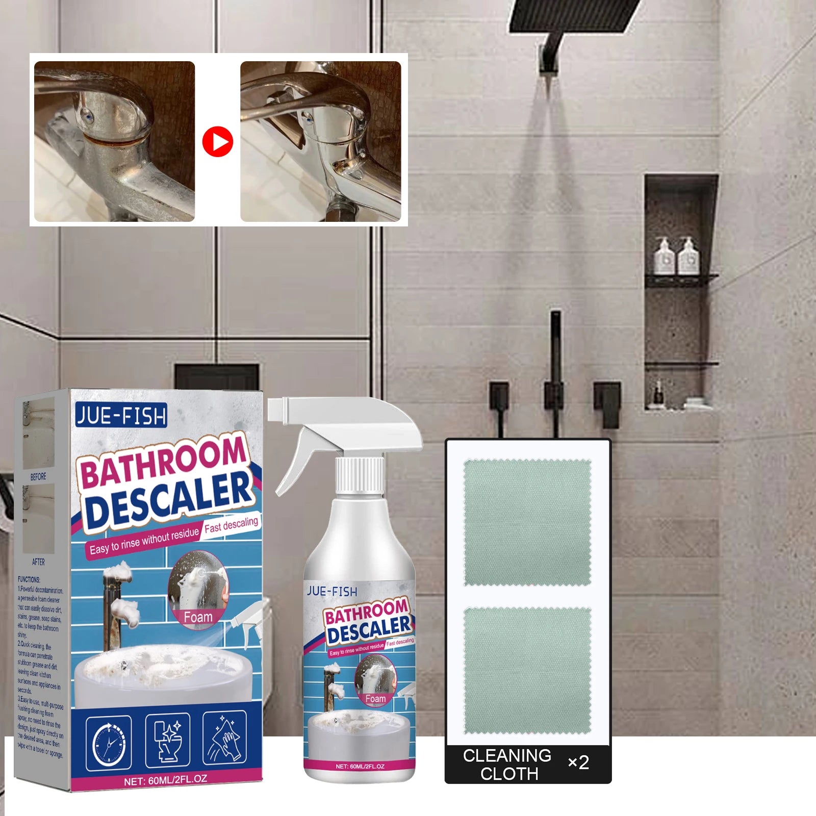 Jue Fish Bathroom Cleaner for Room Glass Shower Bathtub Washbasin Scale Remover Deep Cleaning Multi Purpose Stain Remover 60ml Oasis Select