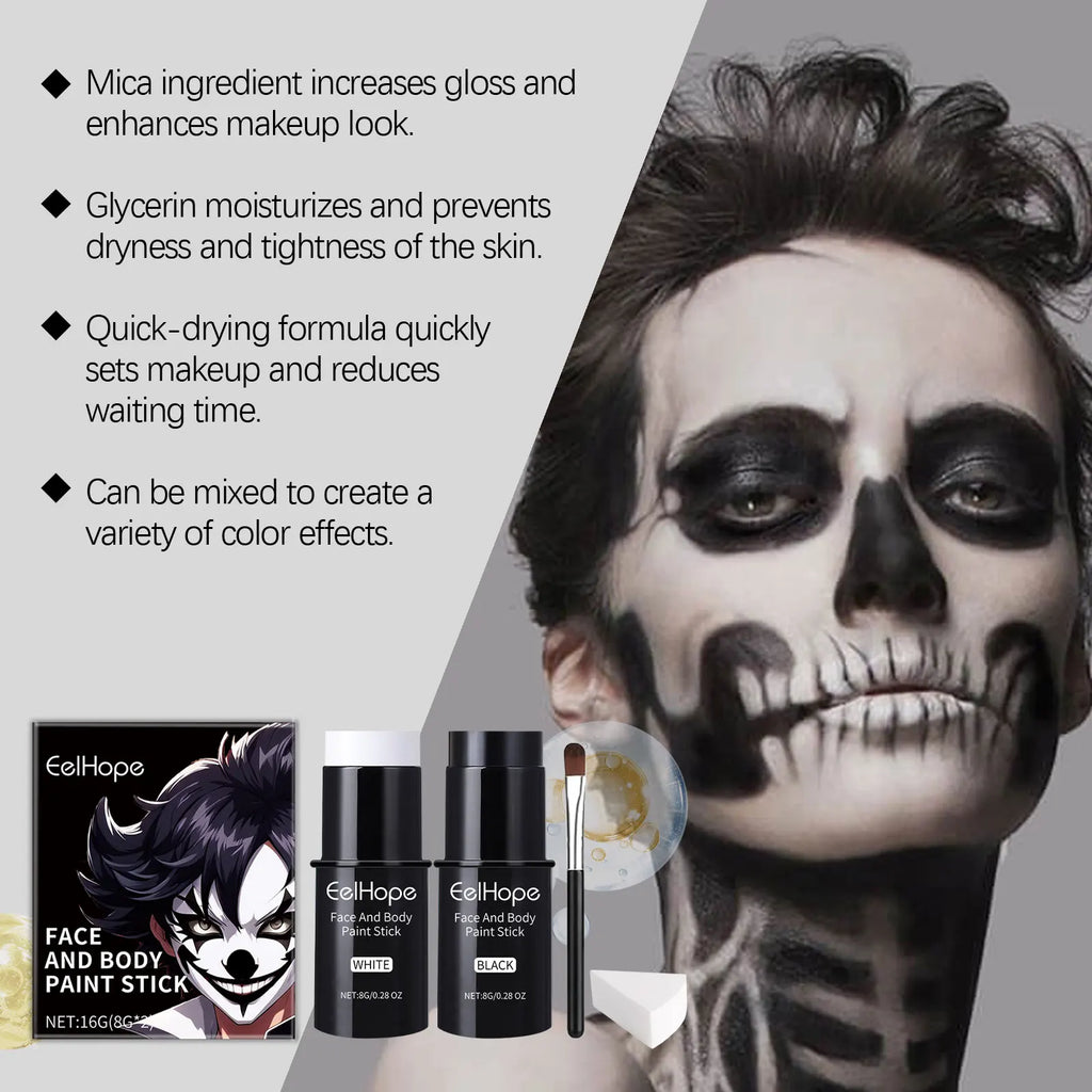 Halloween Black White Face Body Paint Kit Full Coverage Lighweight Foundation Clown Joker Makeup Festive Makeup Accessories Set Oasis Select
