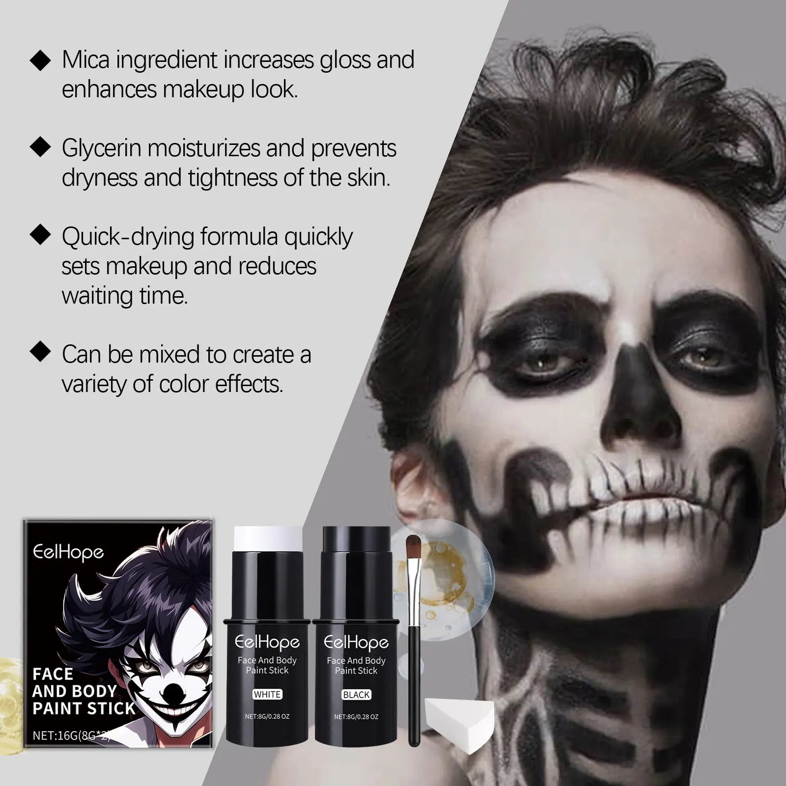 Halloween Black White Face Body Paint Kit Full Coverage Lighweight Foundation Clown Joker Makeup Festive Makeup Accessories Set Oasis Select