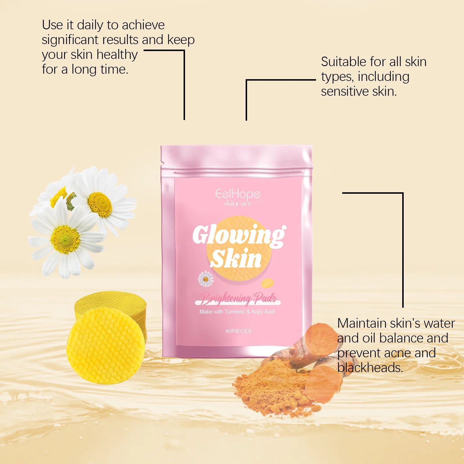 Eelhope Turmeric Kojic Acid Cleansing Pad Moisturizing Dry Improve Darkening Skin Shrink Pores Oil Control Face Exfoliating Pads Oasis Select
