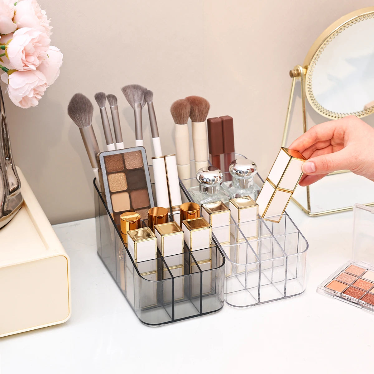 1pc Transparent/Transparent Black Cosmetics Storage Rack Multi Grid Makeup Brush Lipstick Makeup Brush Storage Box Oasis Select