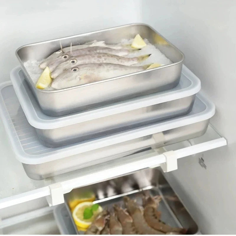 Food Storage Trays Rectangle Preservation Box with Plastic Cover Stainless Steel Multi-Function Rustproof Barbecue Food Storager Oasis Select