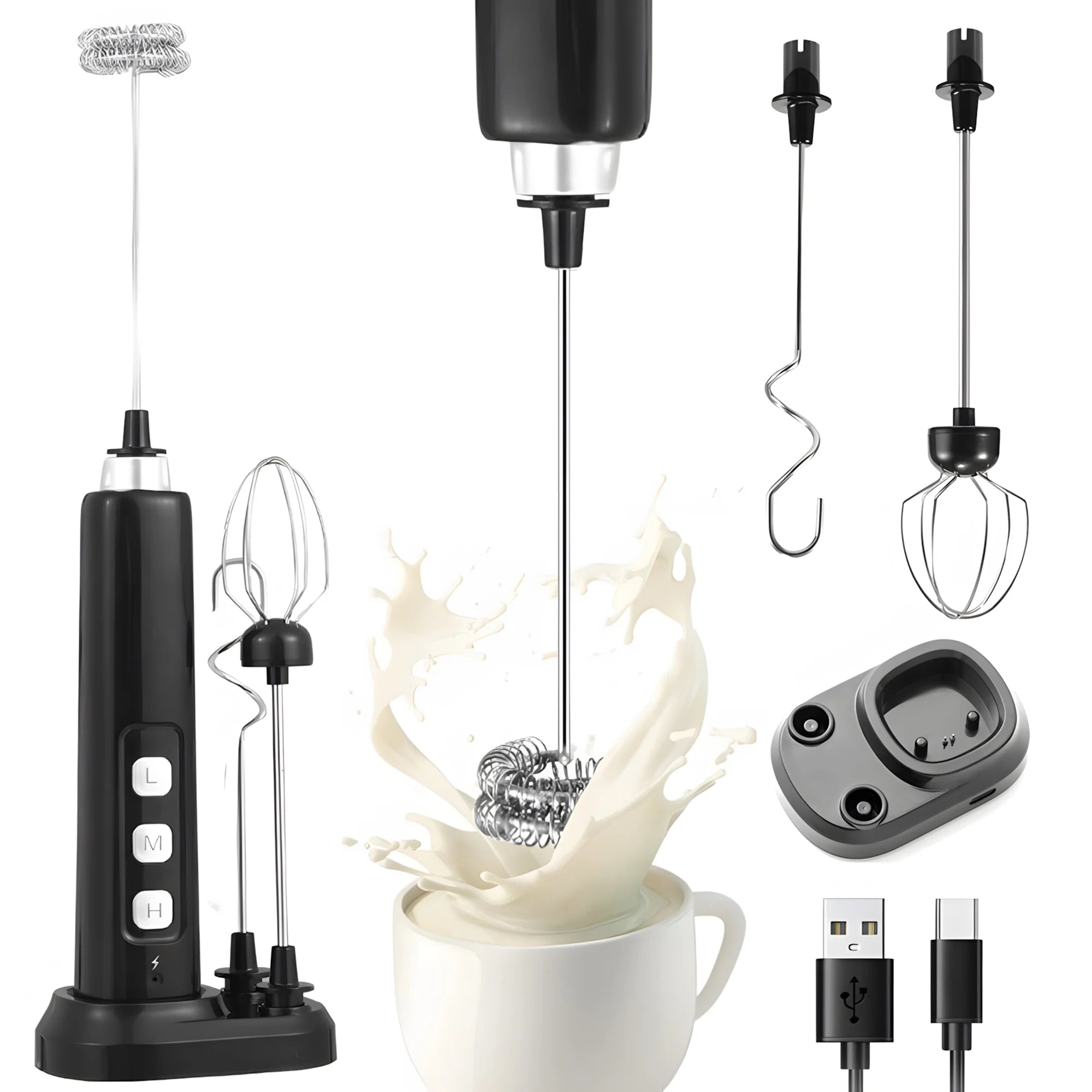 Handheld USB Rechargeable Mixer - Mini Electric Milk Frother with 3 Speeds, Whisking & Baking Aid, Multi-functional Attachments Oasis Select