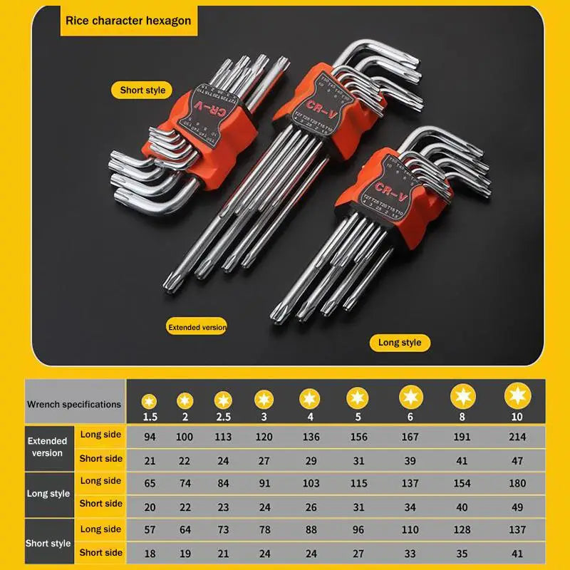 9Pcs Torx Star Wrench Set Allen Keys Hexagon Spanner Dual End L Type Star Screwdriver Hand Repair Tools For DIY Home Repair Oasis Select