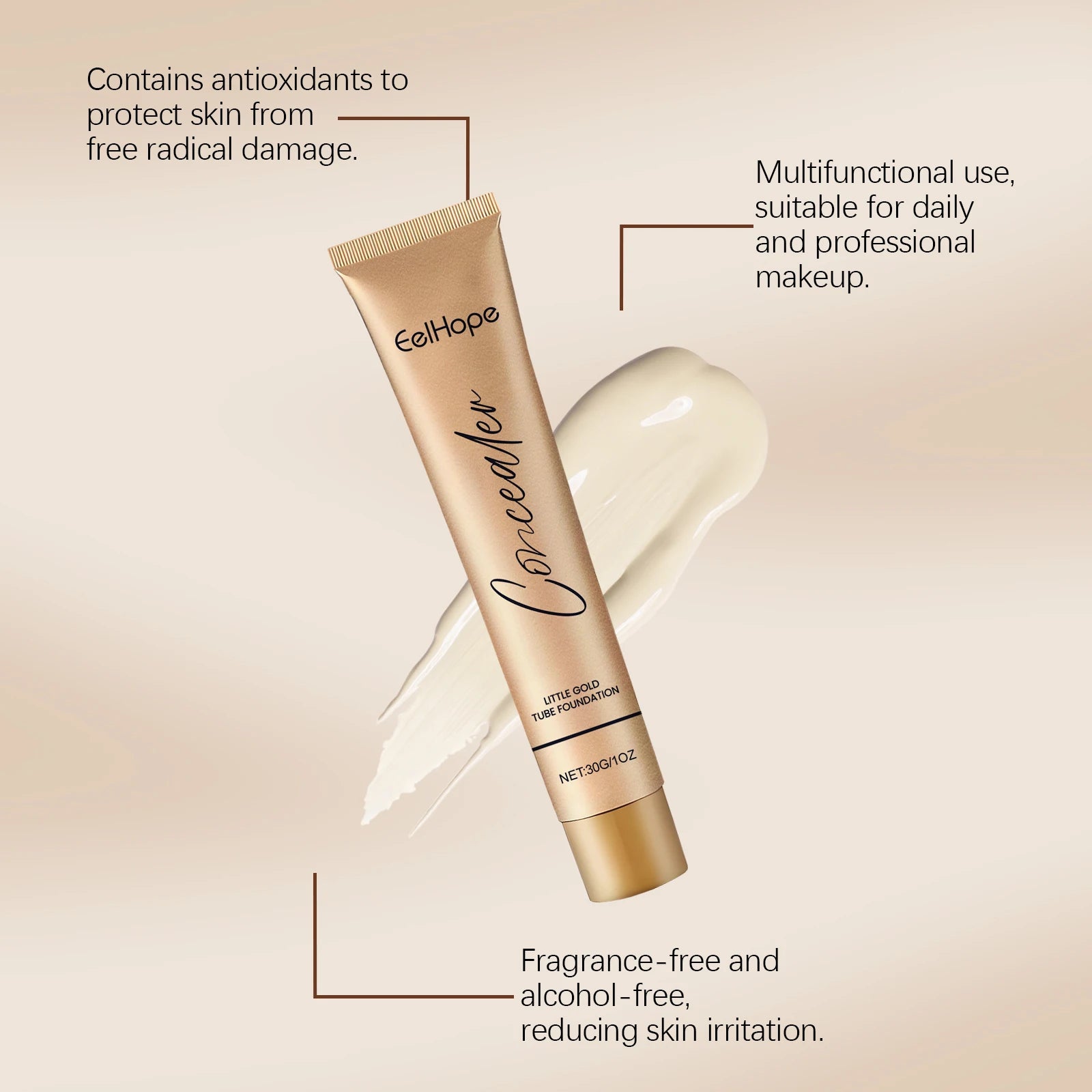 Eelhope 2-in-1 Foundation & Concealer Gold Tube 30ml Foundation Concealer Oasis Select