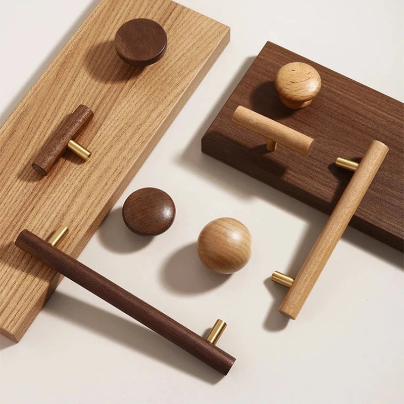 Nordic Walnut Wood Handle T Bar Drawer Knobs Cupboard Long Pulls Kitchen Cabinet Door Handle Furniture Decorate Pulls and Knob Oasis Select